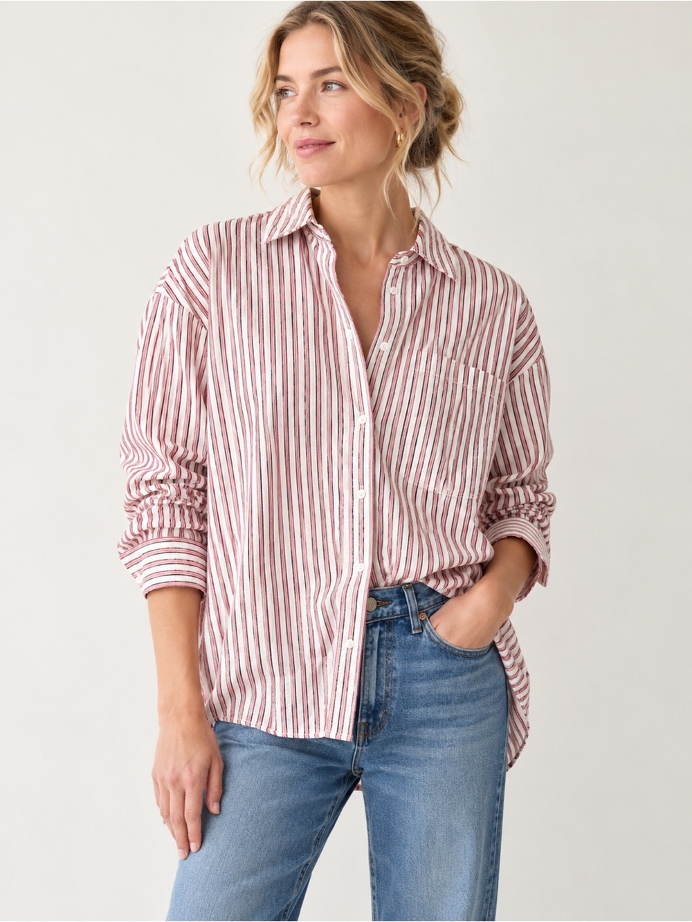 J. Crew Etienne Oversized Red and White Vertical Stripe Button-Down Shirt size L